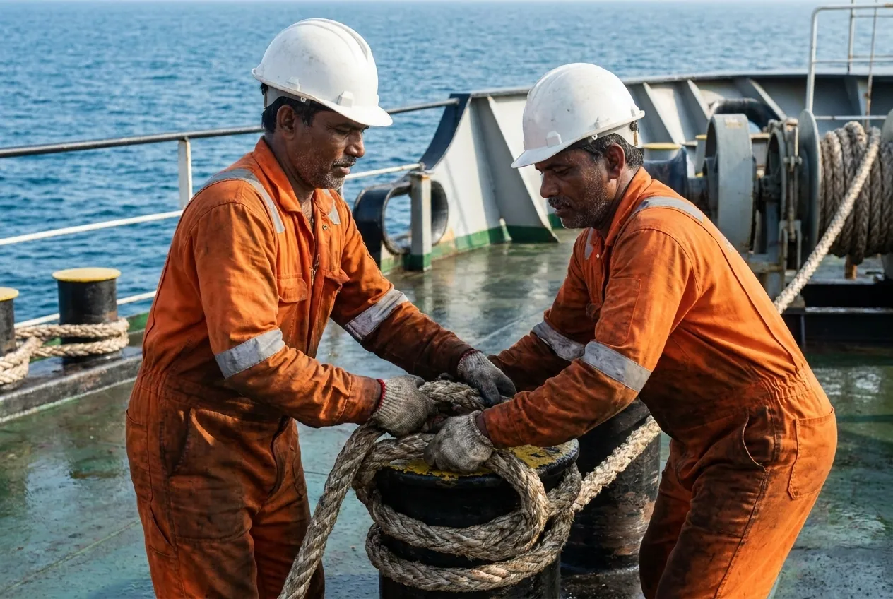 Two deck ratings in orange boiler suits handling mooring rope on the deck of a merchant ship