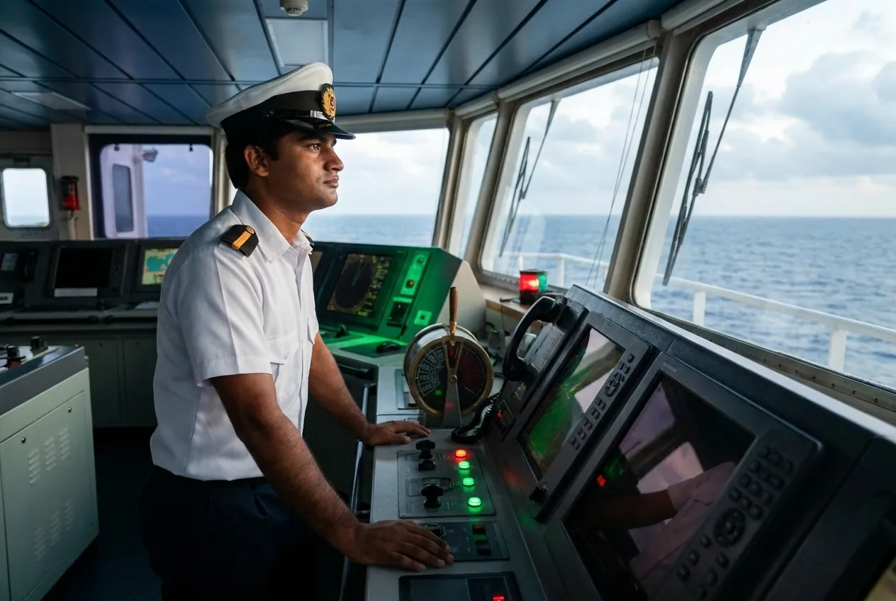 A deck cadet in white officer's uniform at the bridge console of a ship at sea