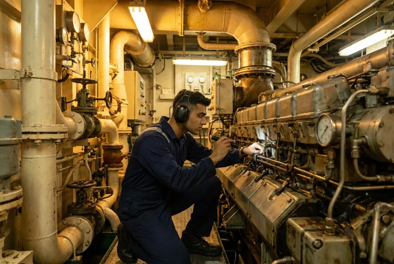 A marine engineer in navy coveralls and ear protection inspecting a marine diesel engine in an engine room