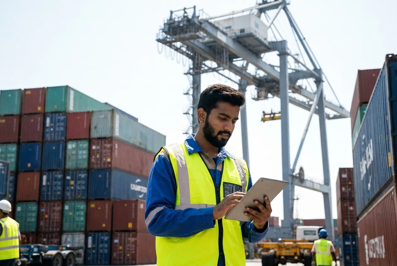 A logistics professional in a high-visibility vest checking a tablet at a container terminal