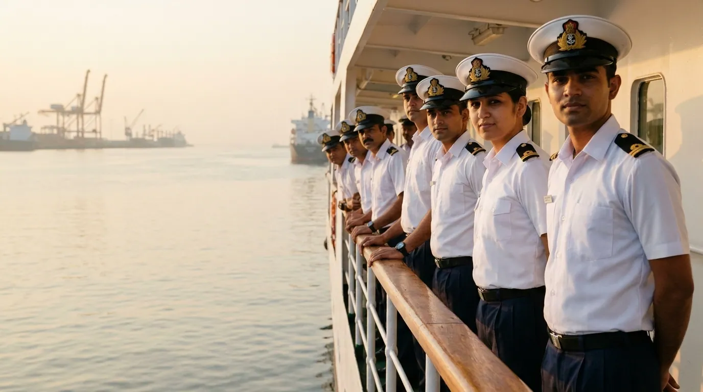 Merchant navy cadets in white uniform along the rail of a training ship at Kochi harbour